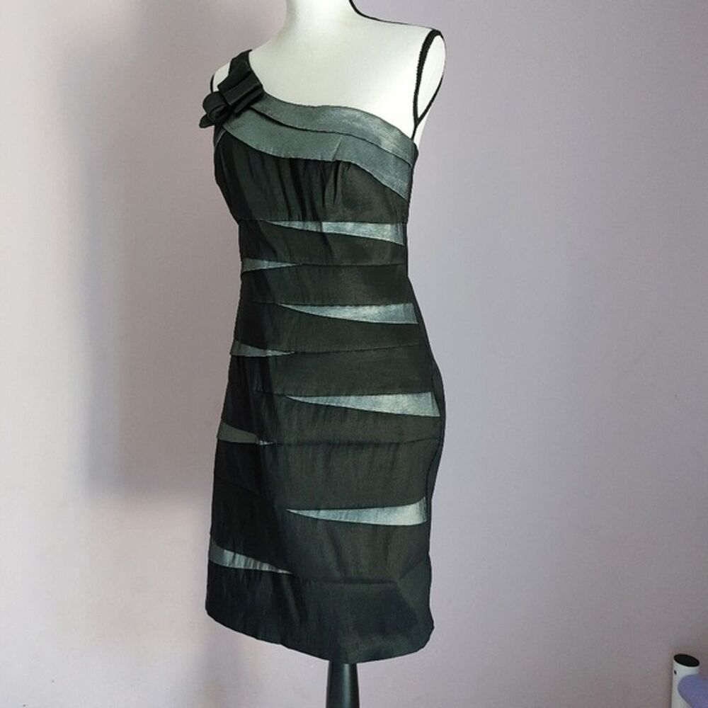 Scarlett One Shoulder Cocktail Dress Black Silver Gray Sheath Bodycon Size 12 - Picture 2 of 12
